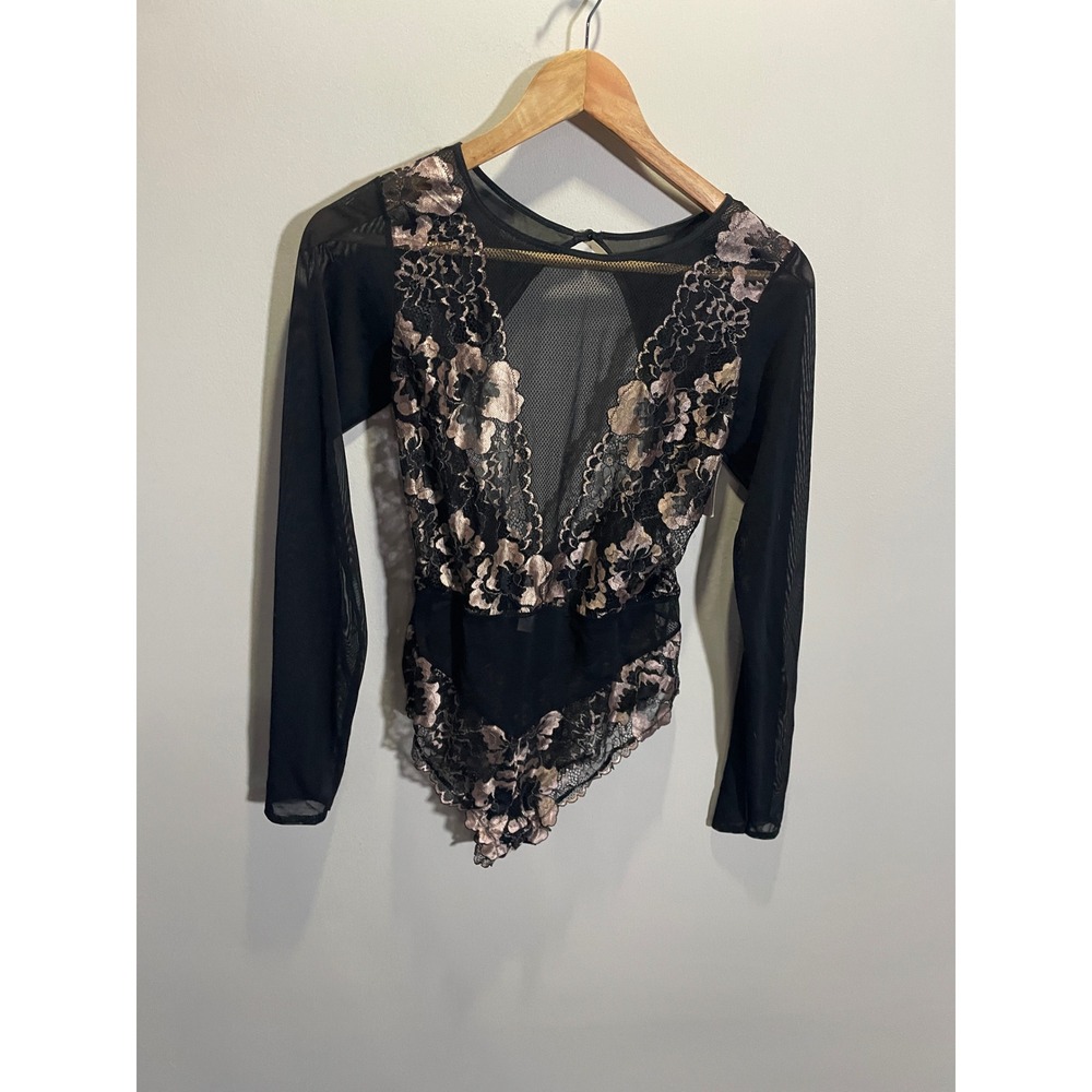 Auden Bodysuit Women Medium Black Floral Lace Mesh Long Sleeve‎ Sexy Lingerie